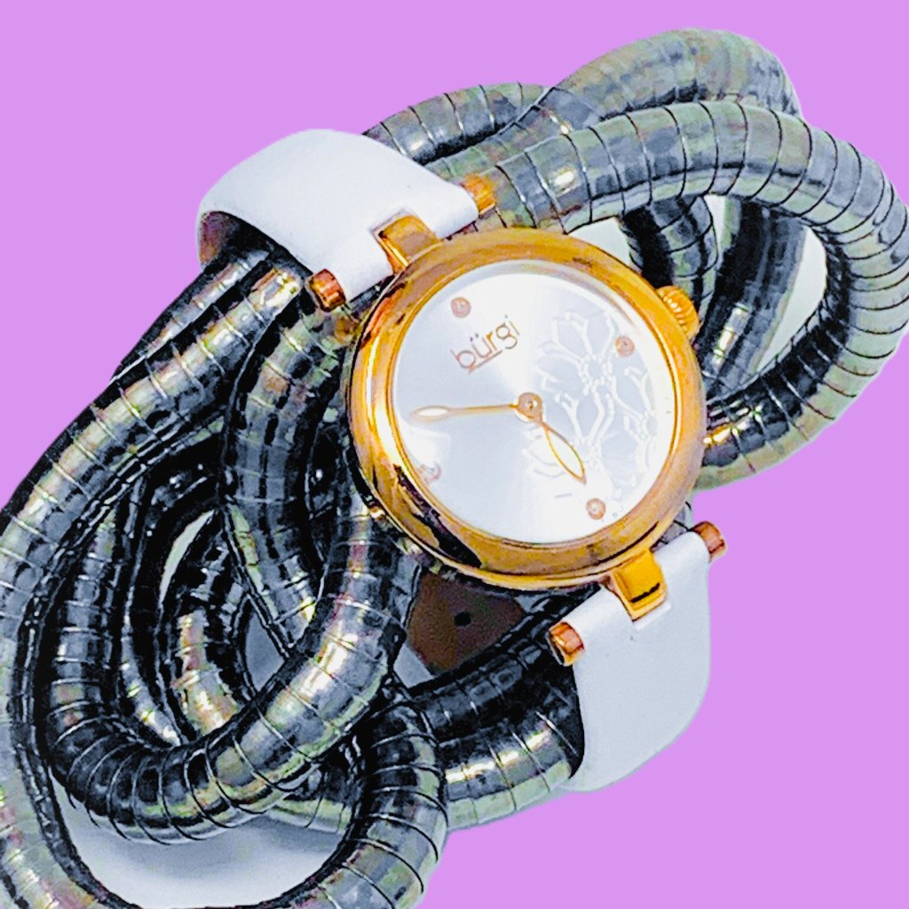 Brgi Bur197wtr Rose GoldStainlessFloral DialWhite Leather Womens Watch